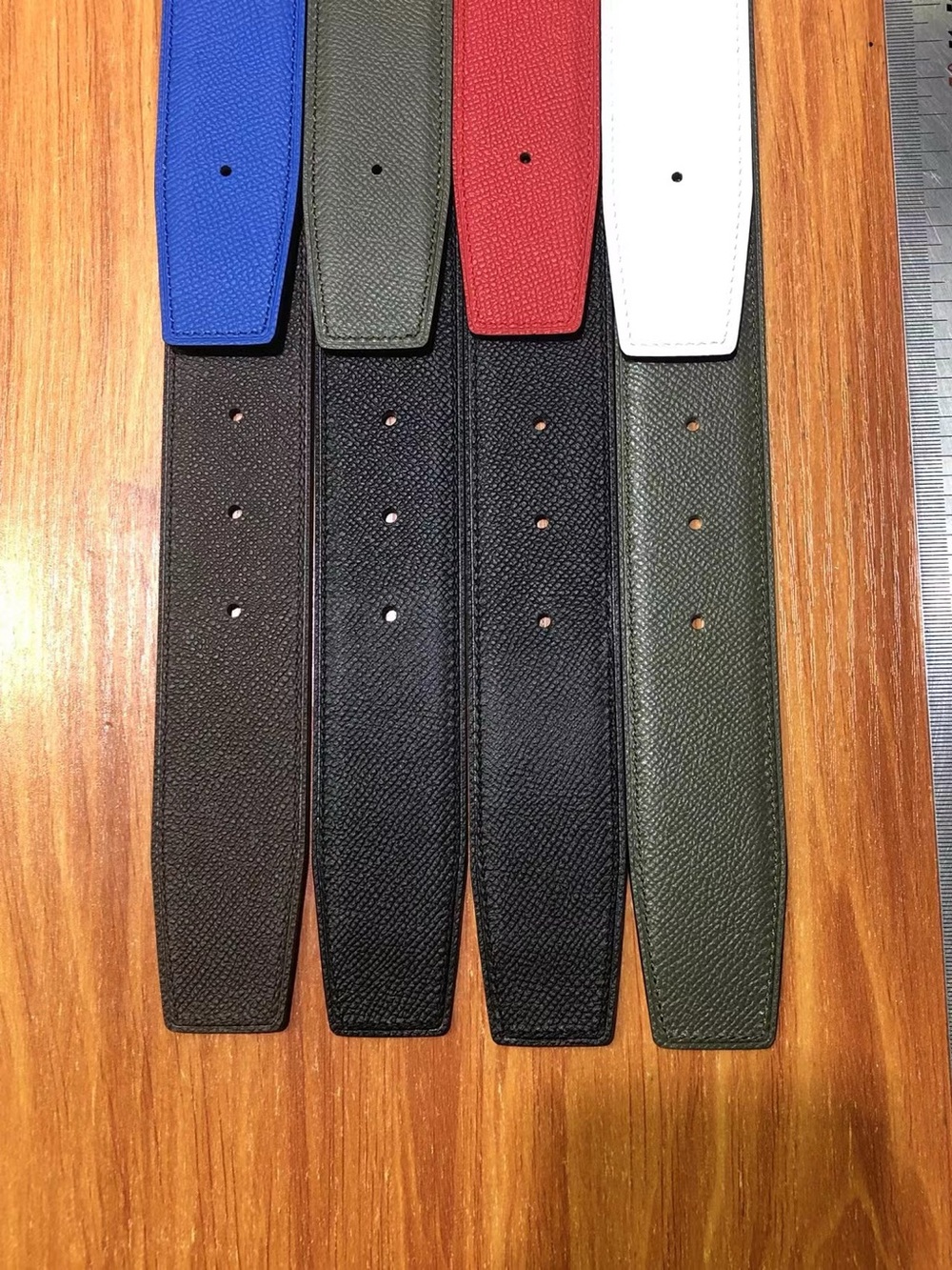 Set of Five Textured Leather Belt Straps - Blue, Olive, Red, White, Black